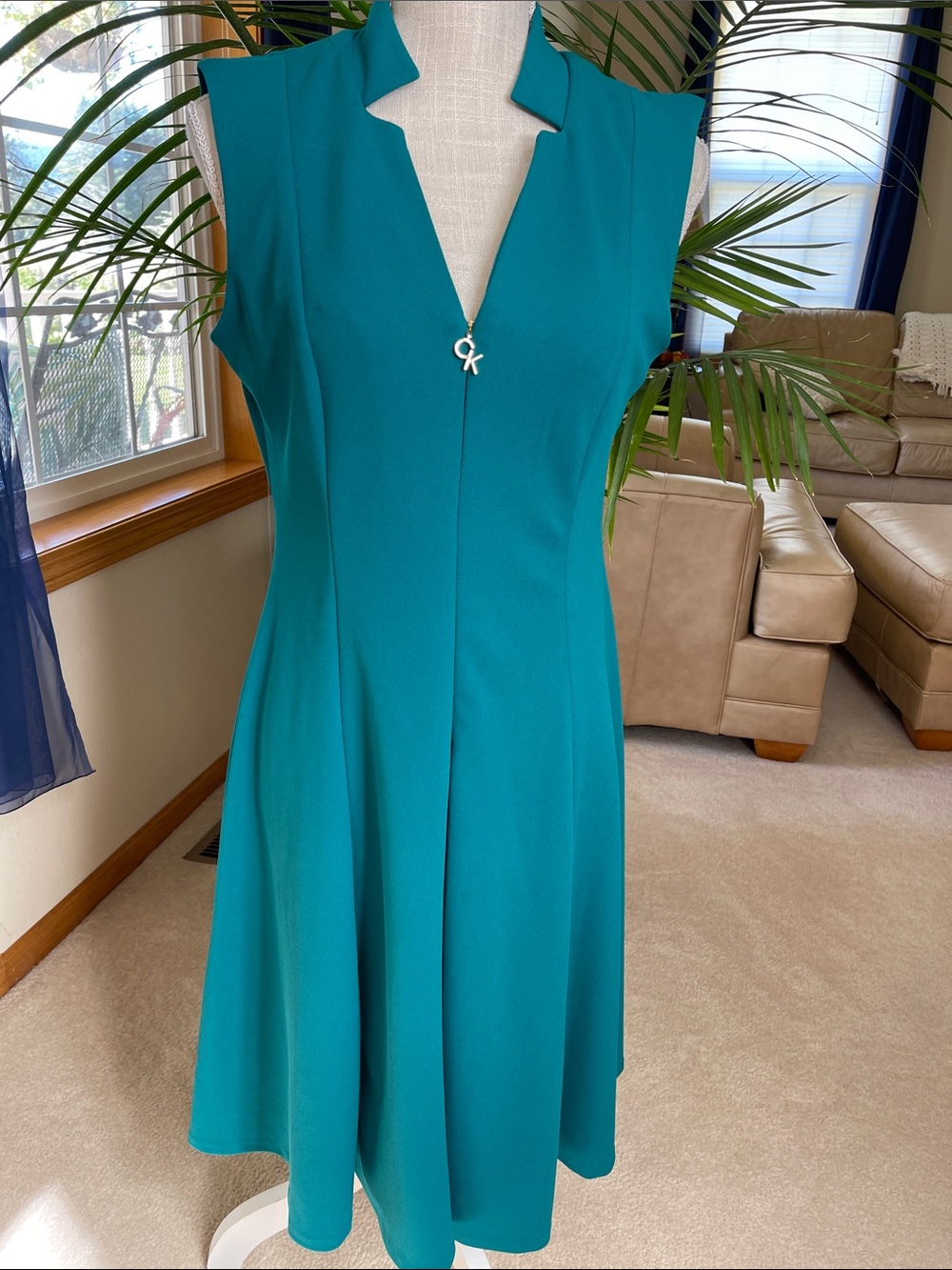 Calvin Klein Teal Sleeveless Fit-and-Flare Dress with Notch V-Neck